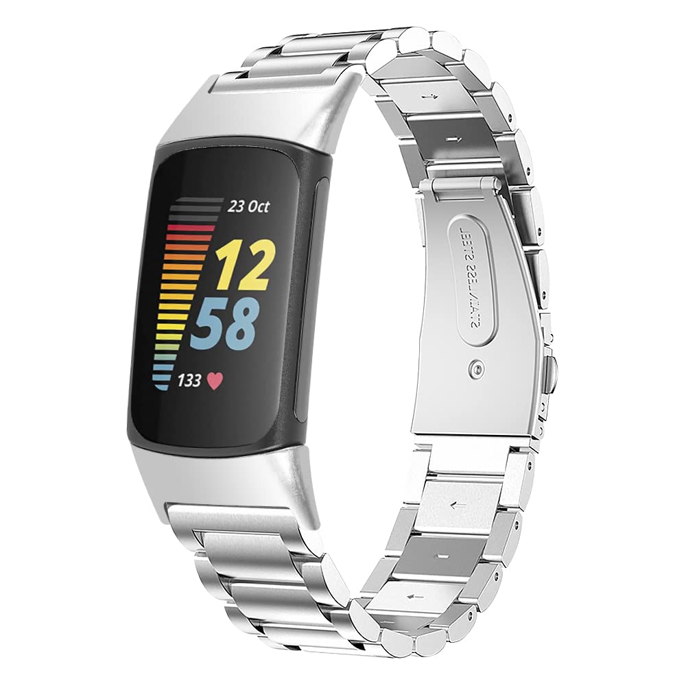 AISPORTS Compatible for Fitbit Charge 6/Charge 5 Strap Stainless Steel for Women Men, Solid Adjustable Stainless Steel Sport Wristband Metal Bracelet Replacement Strap for Fitbit Charge 6/Charge 5