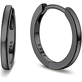 Bandmax 925 Sterling Silver Black Huggie Hoop Earrings 10mm Small Ear Hoops Hypoallergenic Silver Cartilage Piercing Jewelry Gift for Women Men