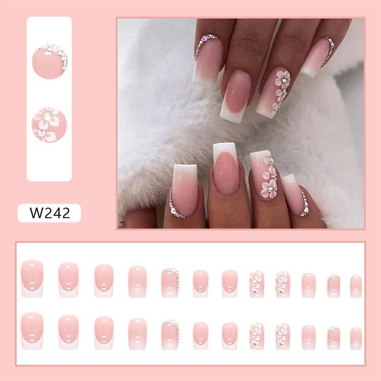 24 Pcs French Tip Square Press on Nails with Rhinestones & Flowers - Glossy Full Cover False Acrylic Nails for Women & Girls - Image 2