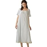 Shymay Women's Victorian Nightgown Cotton Vintage Nightdress Short Sleeve Sleepwear Lace Ruffle Lounge Dress (A Blue, Large)