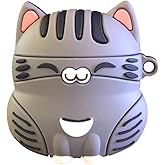 Earphone Case for AirPods 4 - Cute Sitting Smiling Happy Lucky Cat Soft TPU Silicone Cover, Lovely Yellow Grey Kitty Protective Skin Shockproof Protector for Earbuds