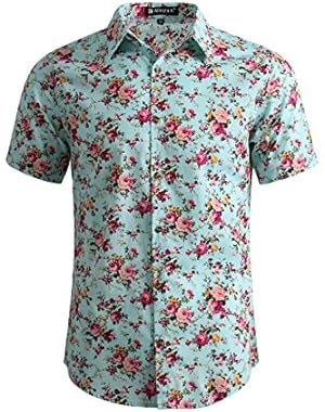 Men Casual Cotton Slim Fit Floral Print Short Sleeve Button Down Shirt (US 42) Large Mint