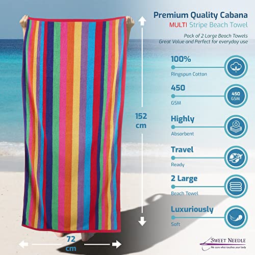 Sweet Needle - Premium Stripe Beach Towels - Pack of 2 - 30" x 60" (76cm x 152cm) - 100% Ringspun Cotton - 450gsm - Highly Absorbent Miami Vibe Multi Stripe