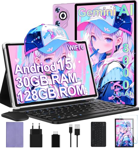 Android Tablet 15, 10 Inches, [30GB RAM 128GB ROM]+TF 2TB Expandable, 8000mAh, WIFI 5G/ BT5.0/ OTG, Widevine L1, Face ID, Tablets Metal Body with Mouse, Keyboard, Protective Case - Purple