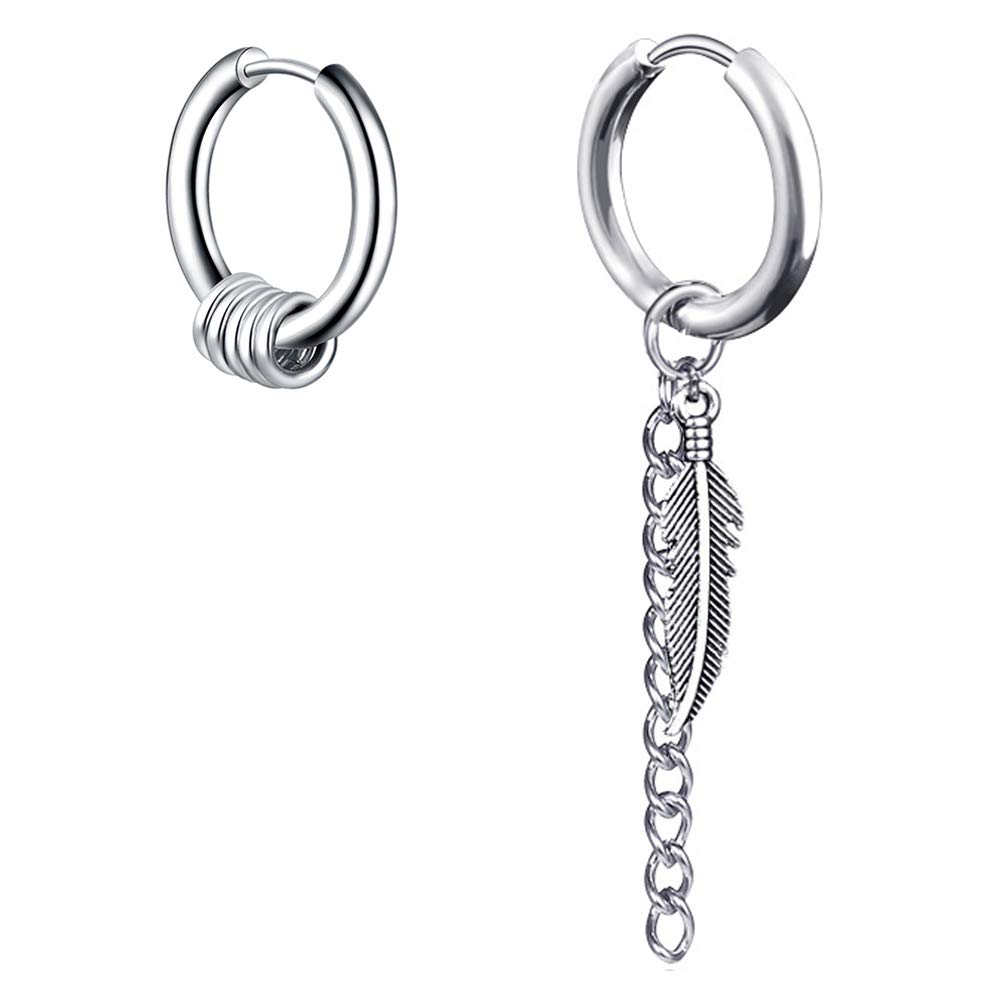 Mens Small Hoop Earrings With Feather Chain Dangle Silver 316L Stainless Steel Punk Hip Hop Rock Gothic Style Kpop Asymmetric Earrings For Men Women (Silver-Feather)