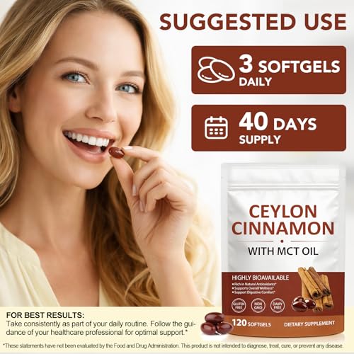 Ceylon Cinnamon Softgels with MCT Oil – Premium Botanical Bark Extract for Daily Wellness Support – High Absorption Formula – Non-GMO, Gluten-Free & Soy-Free – 120 Softgels