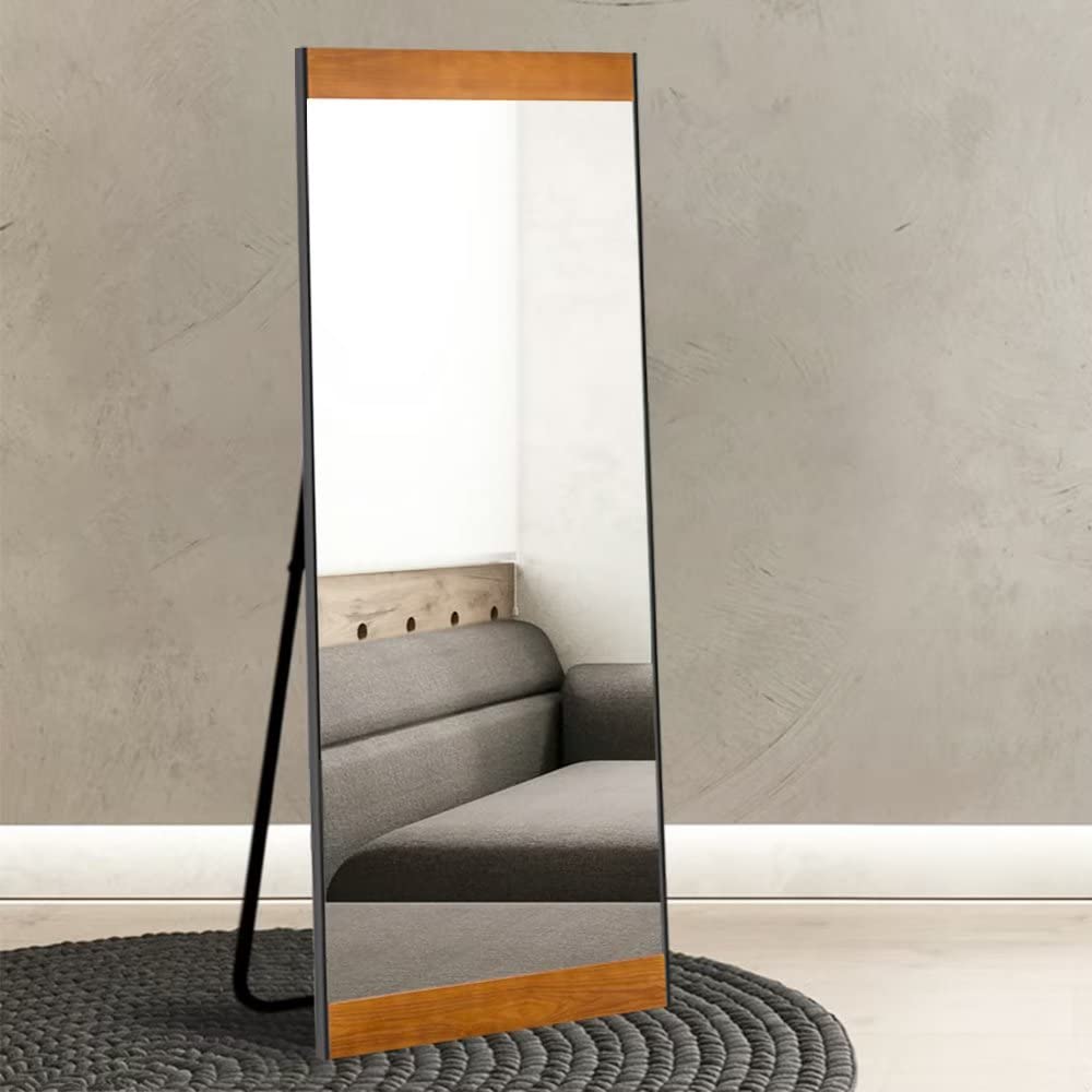 MIRUO Full Length Mirror, 64" x 21" Floor Mirror with Stand, Large Bedroom Mirror, Metal Frame with Pine Wood Veneers, Free Standing or Wall Mounted or Leaning Against Wall, Brown Image