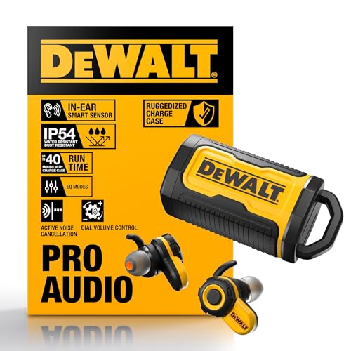 DEWALT - Jobsite Pro X2 ANC Fully Wireless Bluetooth Earbuds, Work Earbuds with Noise Reduction up to 38dB, Rotation Controls, 10 Hours Runtime (More than 40 with the