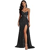 XONHS Sequin Spaghetti Straps Prom Dresses Long for Women 2026 Sweetheart Ruched Backless Evening Ball Gowns with Slit