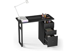Charmmade Black Nail Desk for Nail tech, Beauty Salon Manicure Table, Acetone Resistant Nail Station with Wrist Cushion, Storage Drawers, and Cabinets, for Beauty, Salon, Spa Makeup (Black-03)