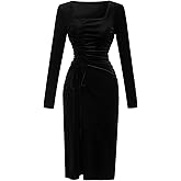 winkbay Women's Velvet Ruched Long Sleeve Dress Formal Square Neck Midi Evening Party Cocktail Dresses
