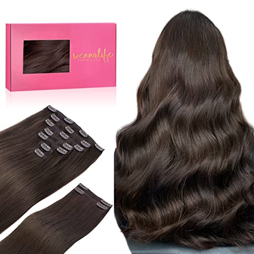 WENNALIFE Clip in Hair Extensions Human Hair 22" 150g Dark Brown Light Brown Clip in Hair Extensions Double Weft 9pcs