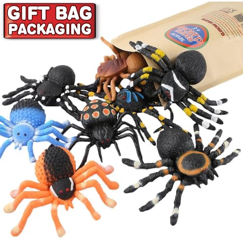 8 Pack 5 inch Realistic Rubber Spider Toy, Black Spiders Toys Set, Super Stretches Material TPR, Smelless Halloween Decoration Party Favors Gag Novelty Practical Jokes for Kids