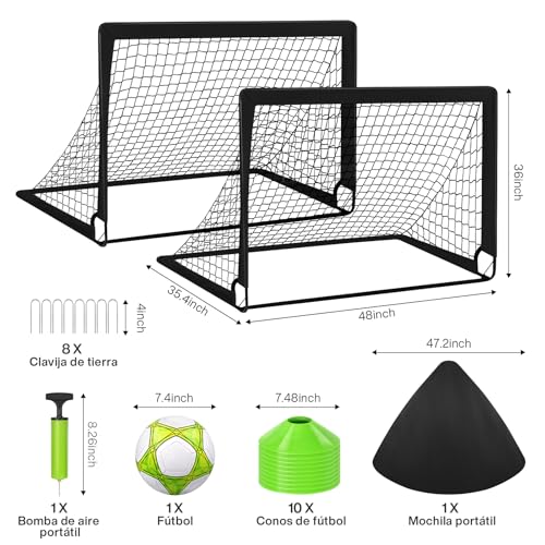 MIAOKE - Portería de Fútbol para Patio Trasero, 2 Porterías de Fútbol Portátiles de 4 x 3 Pies, Equipo de Entrenamiento con Pelota, 10 Conos, Bolsa de Transporte
