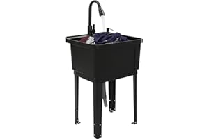 YUNLAIGOTOP Utility Sink Extra-Deep Laundry Tub, Utility Sink Laundry Tub with 360° Rotatable High Faucet, Heavy Duty Floor Mounted Freestanding Wash Station for Restaurants, Laundries, Stores (Black)