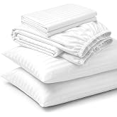URBANHUT 100% Cotton 600 Thread Count Damask King Size Sheets - White | Luxury Sateen Weave High Thread Count, Hotel Style Stripe 4 Pcs Sheet Set, 16'' Elasticized Deep Pocket, OEKO-TEX Certified