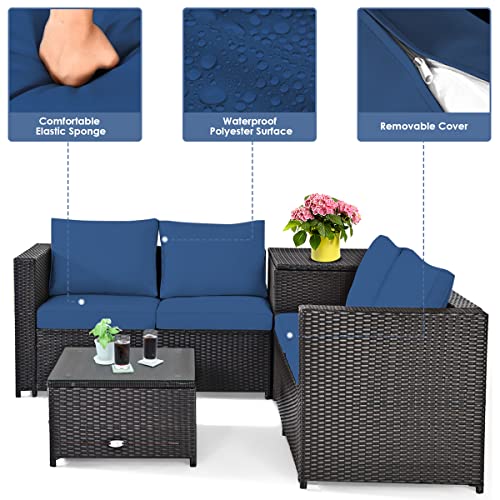 DORTALA Wicker Patio Furniture Set 4 Piece, Outdoor Sectional Couch Set with Table, Loveseat, Storage Box, All-Weather Rattan Conversation Sofa for Balcony, Porch, Backyard, Deck, Navy