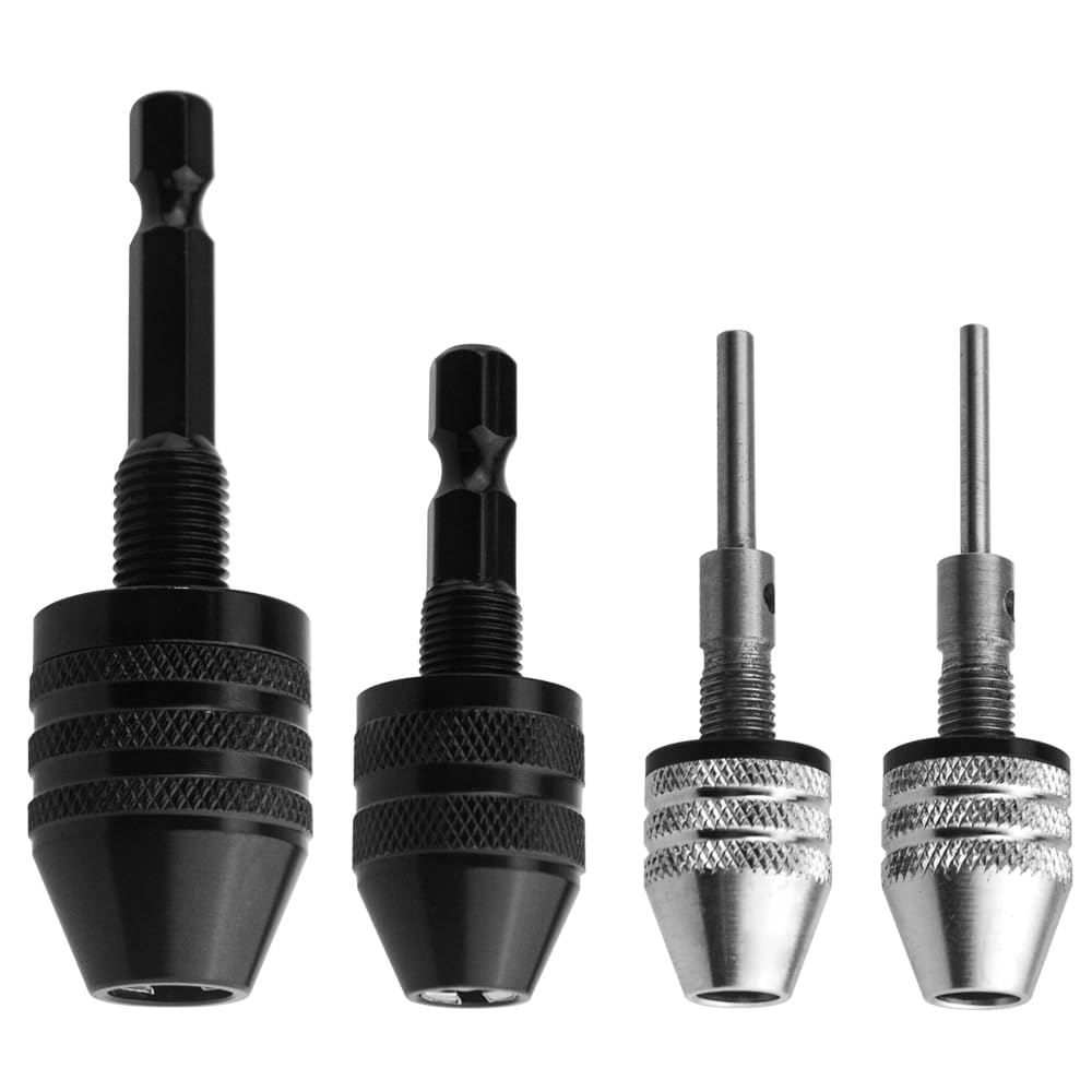 TOVOT 4PCS Keyless Drill Chuck Quick Change Adapter 1/4" Hex Type Shank 1/8" 1/16" Round Shank Drill Chucks Set