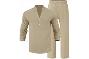 Men's 2-Piece Linen Set: Long Sleeve V-Neck Shirt & Pants | Fall Casual Loose Fit - L