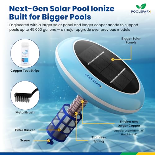 Solar Pool Ionizer – Copper Pool Ionizer for Above Ground & Inground Pools up to 45,000 Gallons – Solar Powered Pool Ionizer System with Extra Replacement Included
