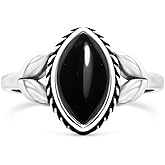 Natural Marquise-Shape Black Agate Stone Ring,Retro 925 Sterling Silver Genuine Real Quartz Crystal Gemstone Vintage Antique Leaf Statement Ring for Women (A01_Black Agate, 7)