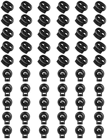 Shitailu 60 pcs Spring Cord Lock, Drawstring Toggle Stoppers, Fastener Slider, Single and Double Hole, Black