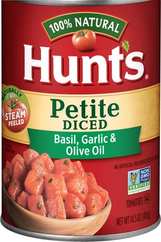 HUNT’S PETITE DICED TOMATOES GARLIC & OLIVE OIL, 14.5 OZ