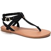 Colgo Thong Flat Sandals, Casual Women T-Strap Dress Sandals with Adjustable Ankle Buckle for Summer Wedding