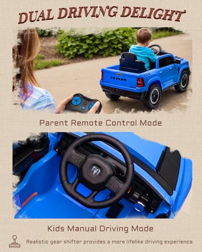 First Ride On 12v Kids Ride on Truck, Licensed Ram 1500 Rho Ride on Toy For Kids with Remote Control, Ride on Car for Children w/Truck Bed Storage, Smooth Start, Bluetooth, Aux Port (Blue)