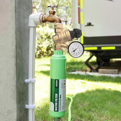 RVGUARD RV Water Pressure Regulator Valve With An Adjustable Knob, Tool-Free, CSA Approved, Lead-Free Brass Water Pressure Reducer with Gauge and Inlet Screen Filter for RV Camper Travel Trailer