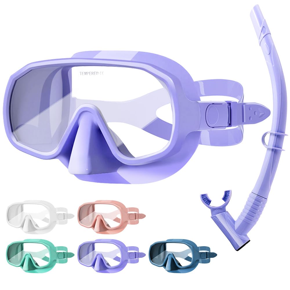 Tyuodna Snorkel Mask,Frameless Snorkeling Mask Adult & Junior,Diving Mask in Macaron Colors,180° Wide View,Nano Anti-Fog & Anti-UV Scuba Mask for Diving, Snorkelling and Swimmin (Purple)