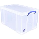 Really Useful Box 84L Stackable Plastic Storage Container with Lid, Clear | Stores Seasonal Items, Linens, Toys &amp; Household Supplies with Clip-Lock Handles for Easy Carrying in Home, Garage and Office