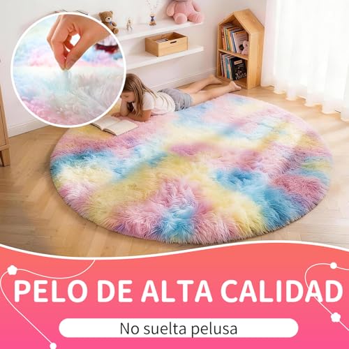 VOFUSHON Living Room Rug 150 cm Rainbow Rug Long Hair Washable Non-Slip Carpet for Bedroom