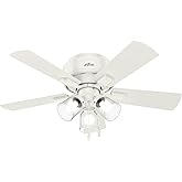 Hunter 42 inch Indoor Ceiling Fan with LED Lights and Pull Chain - Low Profile Mount White Ceiling Fan, 5 Blades, For Bedroom