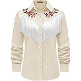 CORSKI Women's Western Cowgirl Fringe Shirt Long Sleeve Floral Embroidered Snap Collared Boho Rodeo Casual Blouses Shirts