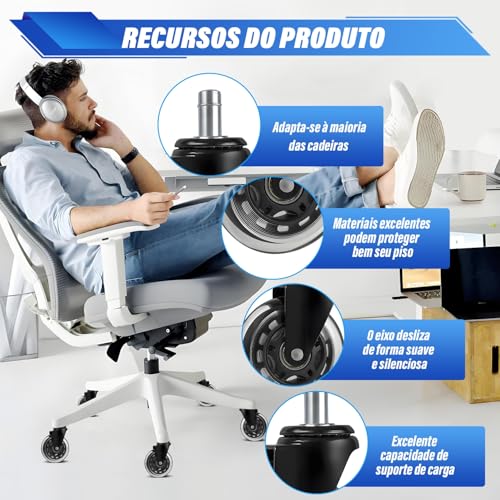 75 mm Rodas para Cadeira de Escritório, Kit 5 Rodas para Cadeira de Escritório Duráveis Haste Universal 11 mm, Rodas de Cadeira de Escritório de Substituição, Rodízios Resistentes para Cadeiras