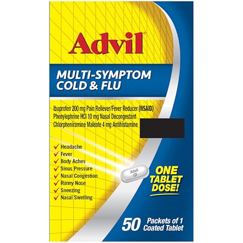 ADVIL MULTI SYMPTOM COLD AND FLU MEDICINE, COLD MEDICINE FOR ADULTS WITH IBUPROFEN, PHENYLEPHRINE HCL AND CHLORPHENIRAMINE MALEATE – 50 COATED TABLETS