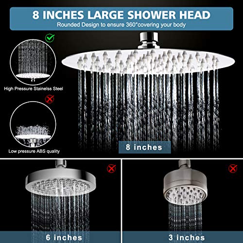 8 inch High Pressure Shower Head Stainless Steel Rainfall 3 Settings Handheld Shower Head Combo with 60\'\' Hose – Chrome Finish With Strong Suction Holder Flow Regulator 4 Shower Hooks