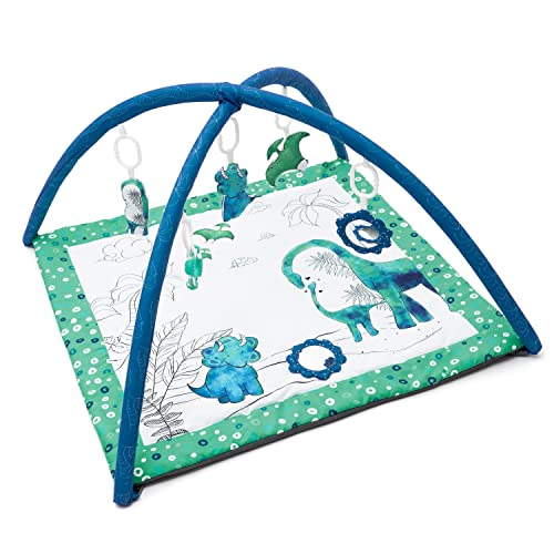 JumpOff Jo - Baby Gym Activity Center & Washable Play Mat - Includes 5 Early Development & Sensory Toys – Ideal for Infants Ages 3 Months or Older - Tiny Dino Blue