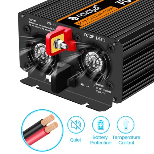 Novopal 2500W 5000W Pure Sine Wave Inverter DC 12 V AC 220 V | 5m Remote Control,2 EU Socket,1 USB Output,Aluminum Alloy Housing,Suitable for Truck,Camping,Travel