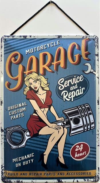 Blechschild With cord 30 x 20 cm Motorcycles Garage - Service and Rapair - Original Custom Parts - Mechanic on Duty 24 hours - Blechemma