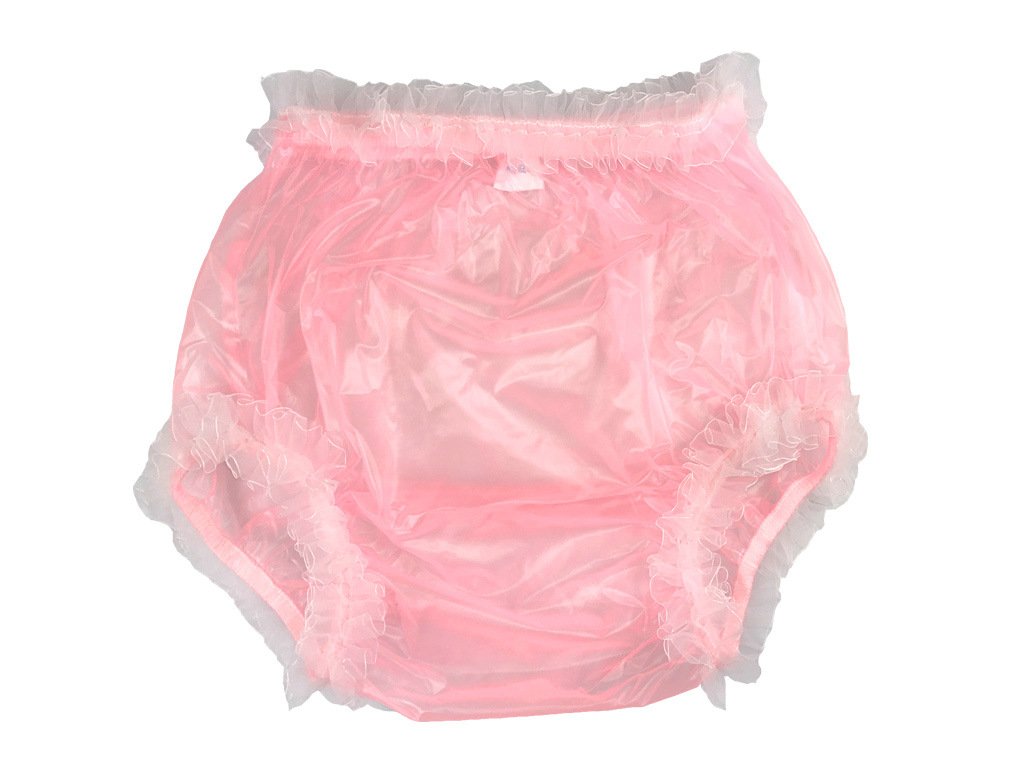 Haian Adult Incontinence Pull-on Plastic Pants Lace Panties Color Transparent Pink with White Lace (Medium)