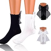 Miaband Bow Ruffle Socks Lolita Ankle Socks Frilly Ribbon Bow Socks White Dress Socks for Women 2 Pairs