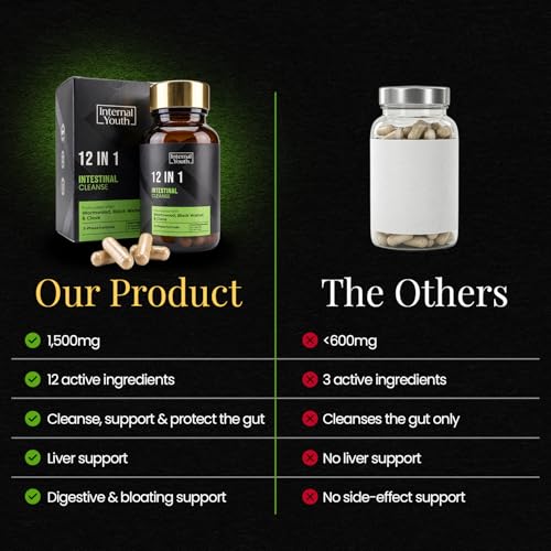 12 in 1 Intestinal Cleanse - 1500mg Wormwood, Black Walnut and Clove + 9 Key Ingredients for Digestive & Liver Support - High Strength Natural Gut Cleanse Detox for Men & Women -30 Day Supply