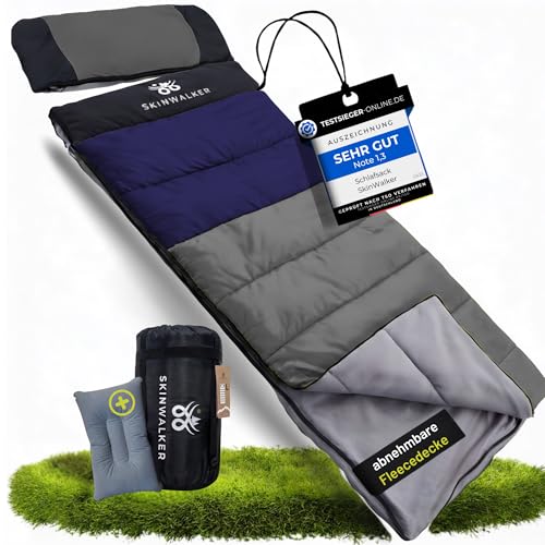 Schlafsack Erwachsene 3–4 Jahreszeiten, SKINWALKER Deckenschlafsack Abnehmbare Fleecedecke Premium-Fellex-Füllung Schlafsack Sommer & Winter Camping S