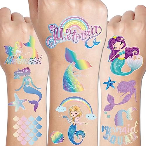 CHARLENT 100 Glitter Styles Mermaid Temporary Tattoos for Girls - 6 Sheets, 100 PCS, Waterproof & Sweat-resistant, Safe for Kids, Ages 3+