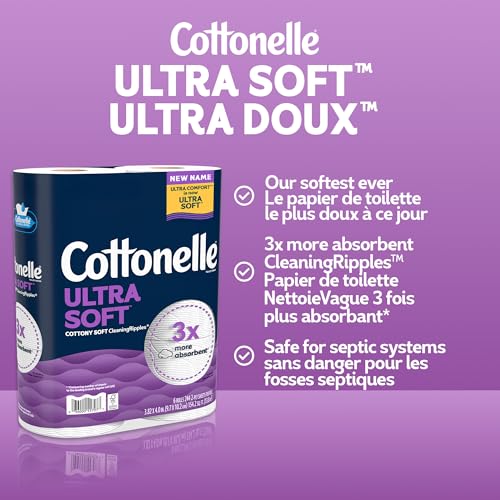 Cottonelle Toilet Paper, 32 Family Mega Rolls = 144 Regular Rolls (8 Packs of 4), Ultra Soft, Soft Bathroom Tissue, 296 Sheets per Roll, Packaging May Vary | Equals 144 Regular Rolls, 8-Pack of 4, Flushable, Plant-based, Unscented, Packaging May Vary
