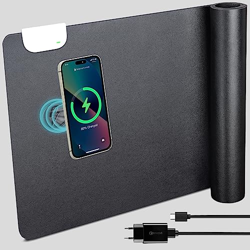 GORESE Sottomano Scrivania Ufficio in Pelle PU, Copri Scrivania Tappetino mouse con 10W Rapida Wireless Ricarica, Supporta la ricarica wireless Qi per Cellulare, Cuffie, impermeabile(nero, 80x32 cm)