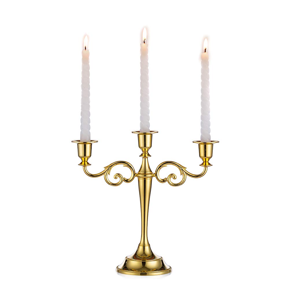 Sziqiqi Gold metal candle holder 3-arms candle stand 27cm tall wedding event candelabra candle stick, Gold