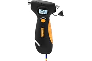 AUTDER 5-in-1 Digital Tire Pressure Gauge with LED Work Light, Emergency Hammer, Seat Belt Cutter, Tread Depth Gauge - Portab